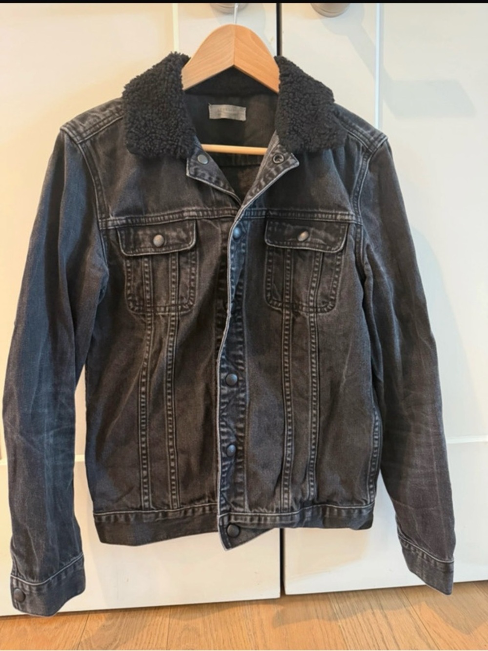 Allsaints black wash denim jacket with sherpa collar size small